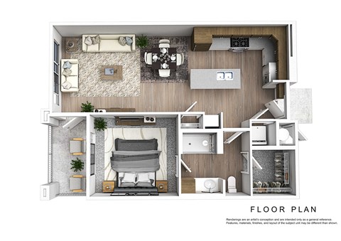 Floor plan for 1 bed, 1 bath, 743 sqft